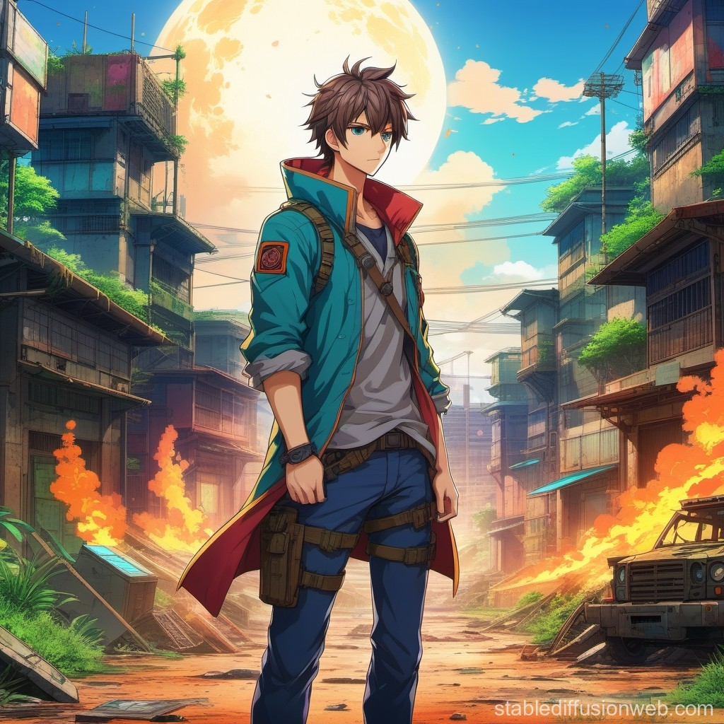 Determined Young Hero in Post-Apocalyptic Cityscape