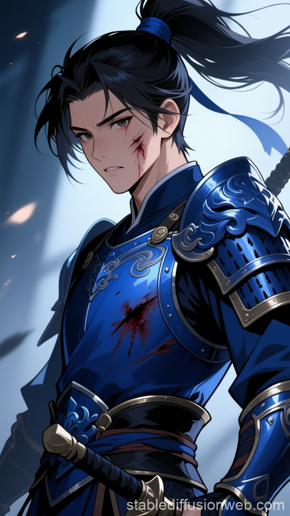 Determined Young Warrior in Blue Armor
