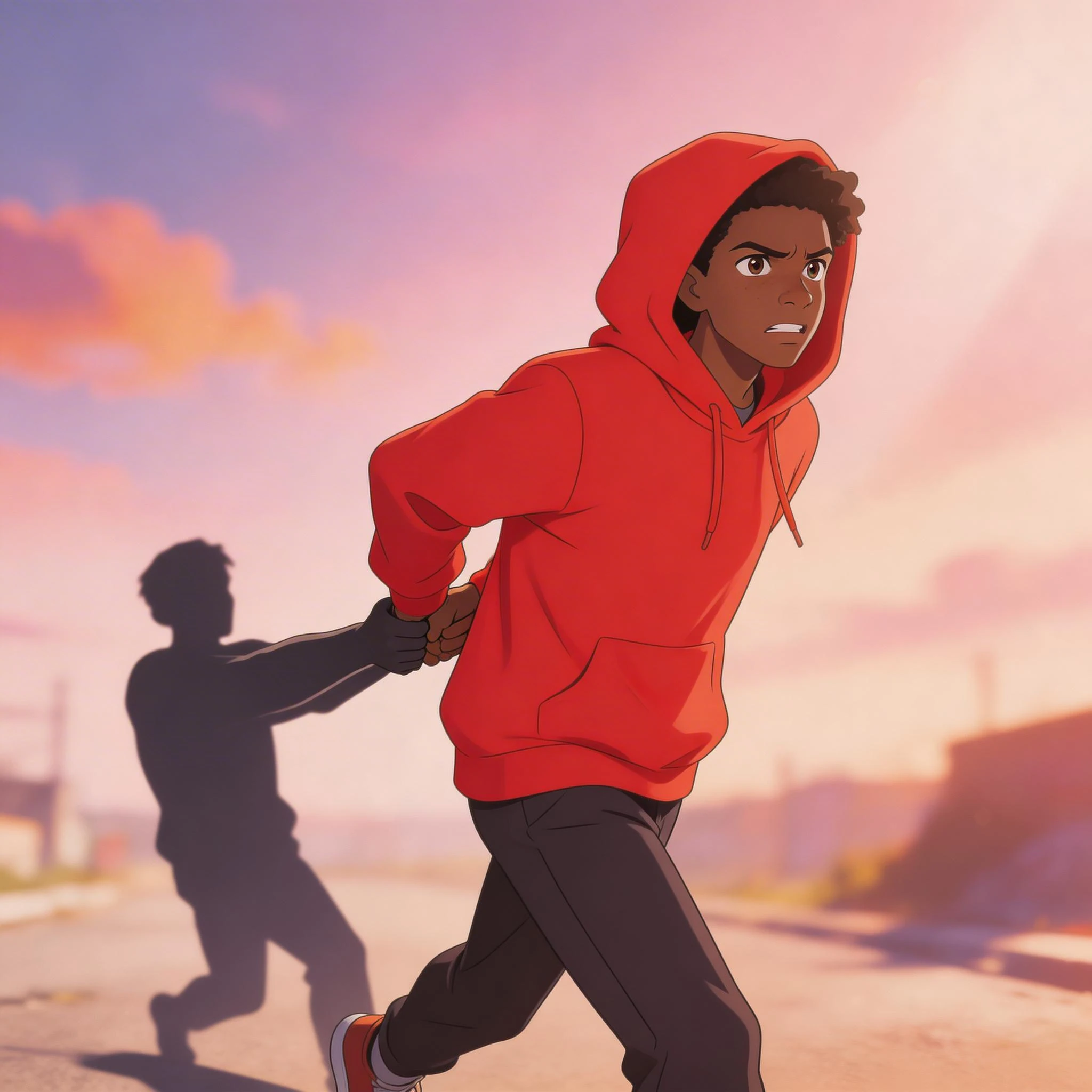 Determined Youth in Red Hoodie Pulled by Shadow