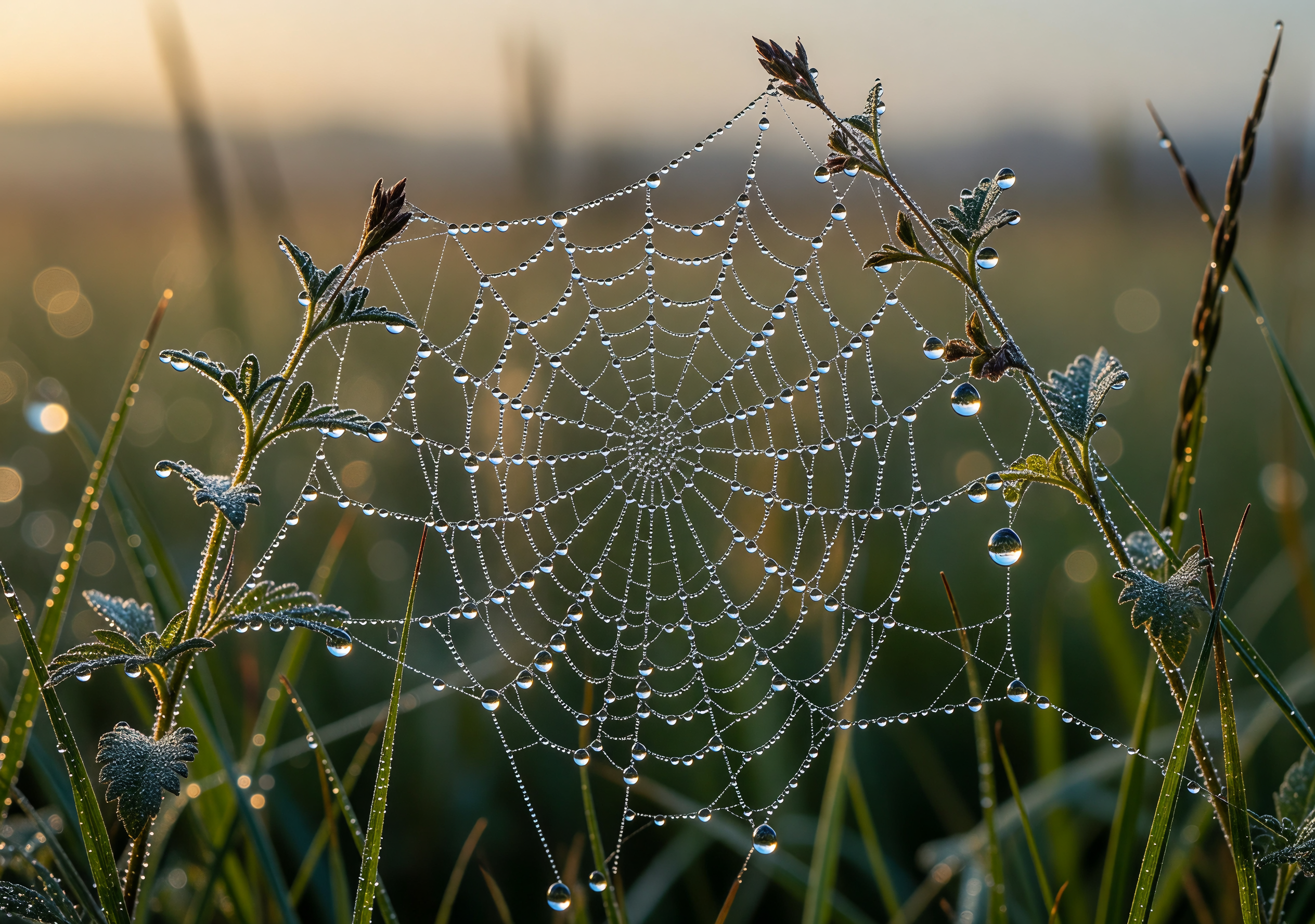 Dew-Covered Spider Web at Dawn