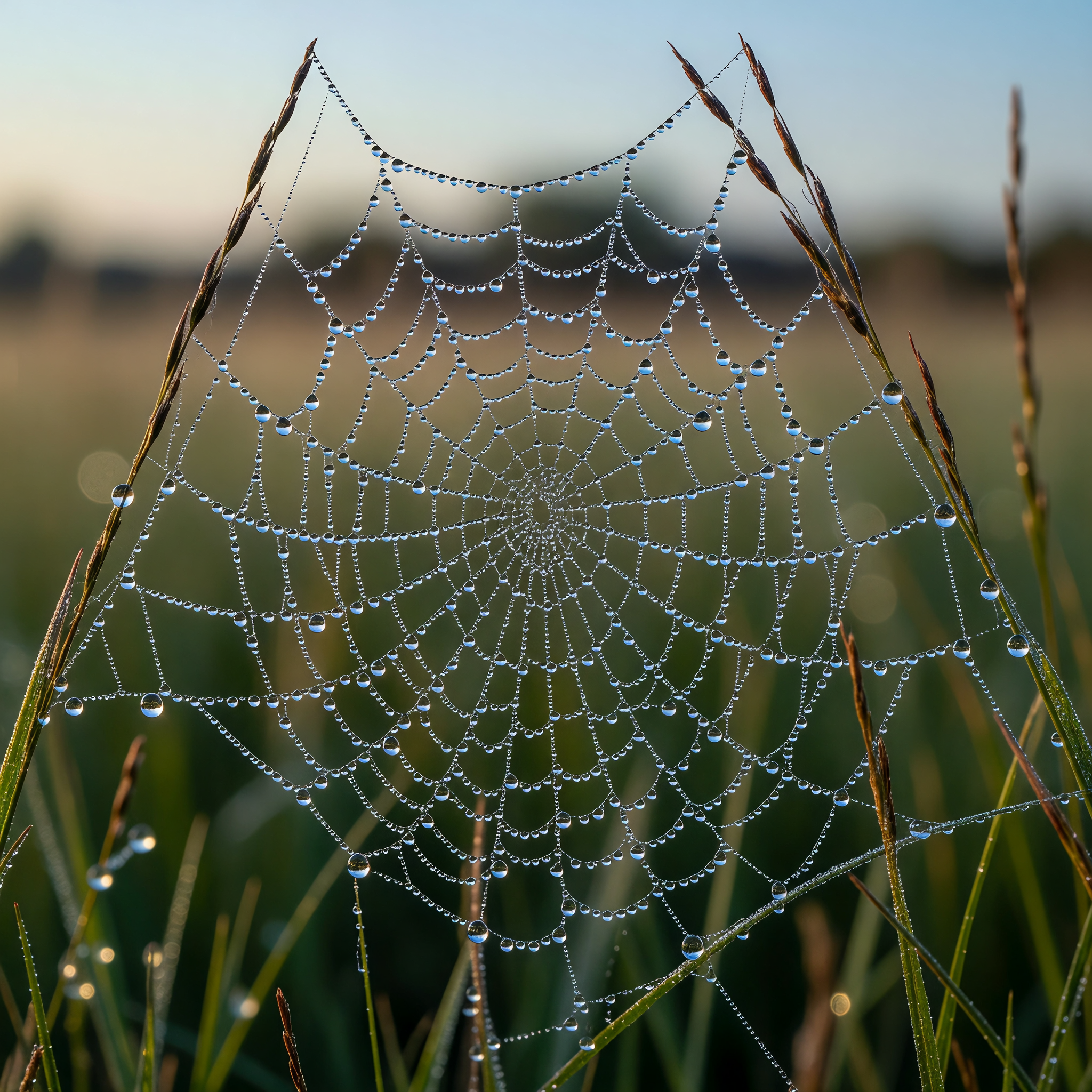 Dew-Covered Spider Web at Dawn in a Meadow