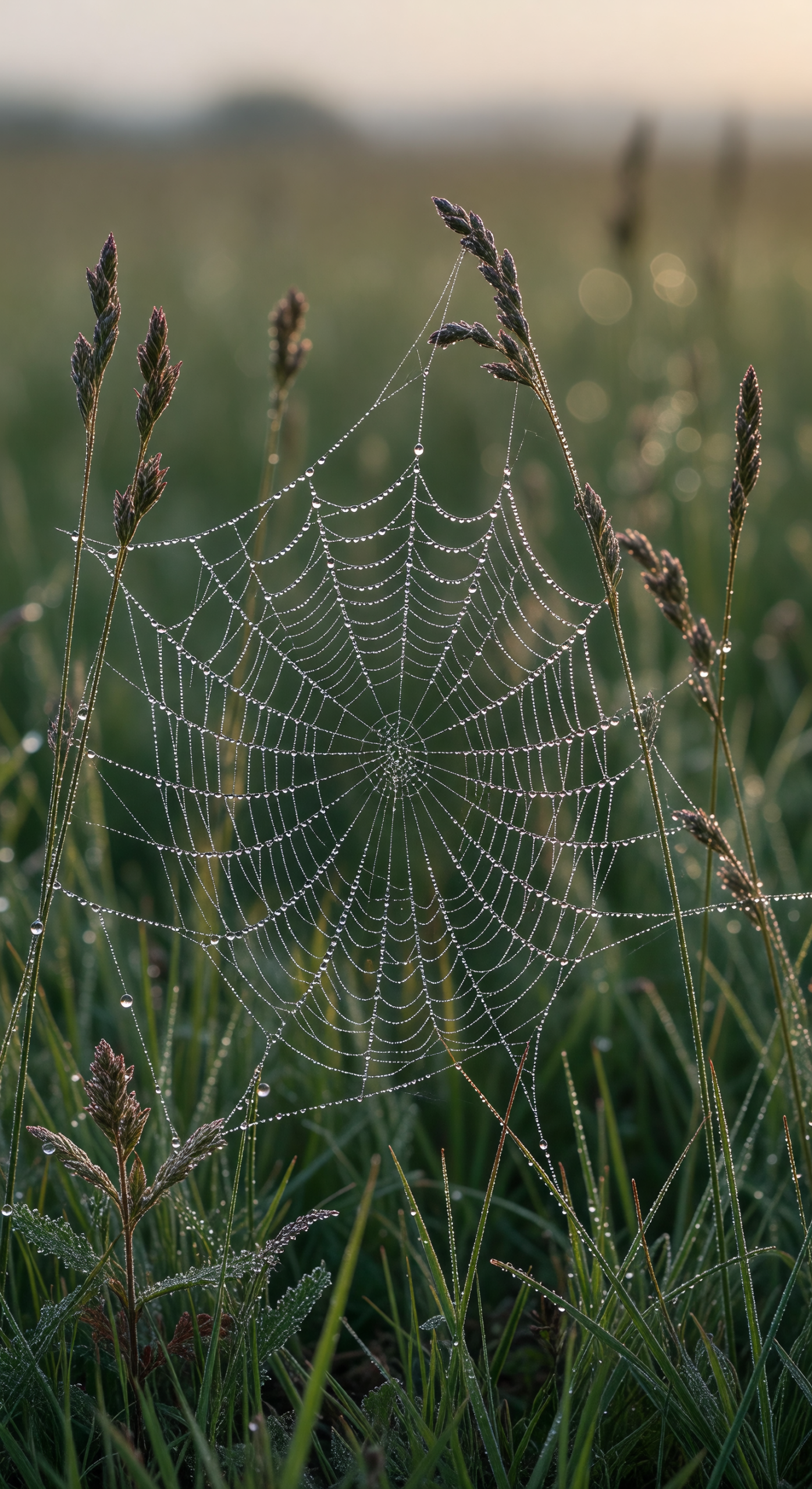Dew-Covered Spider Web in Early Morning Light