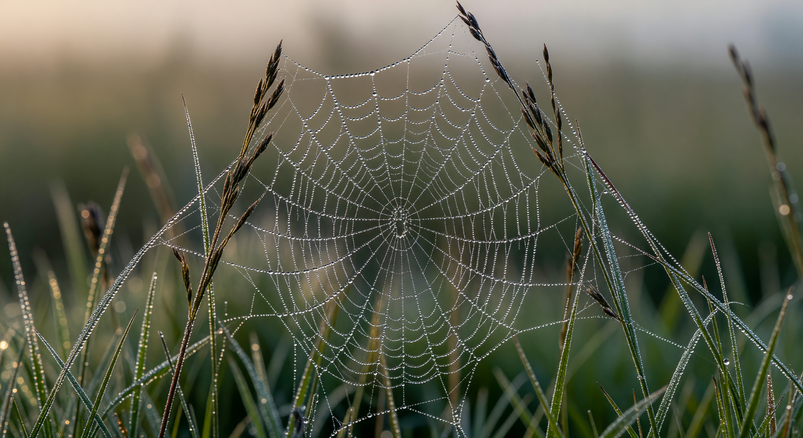 Dew-Covered Spider Web in Early Morning Light