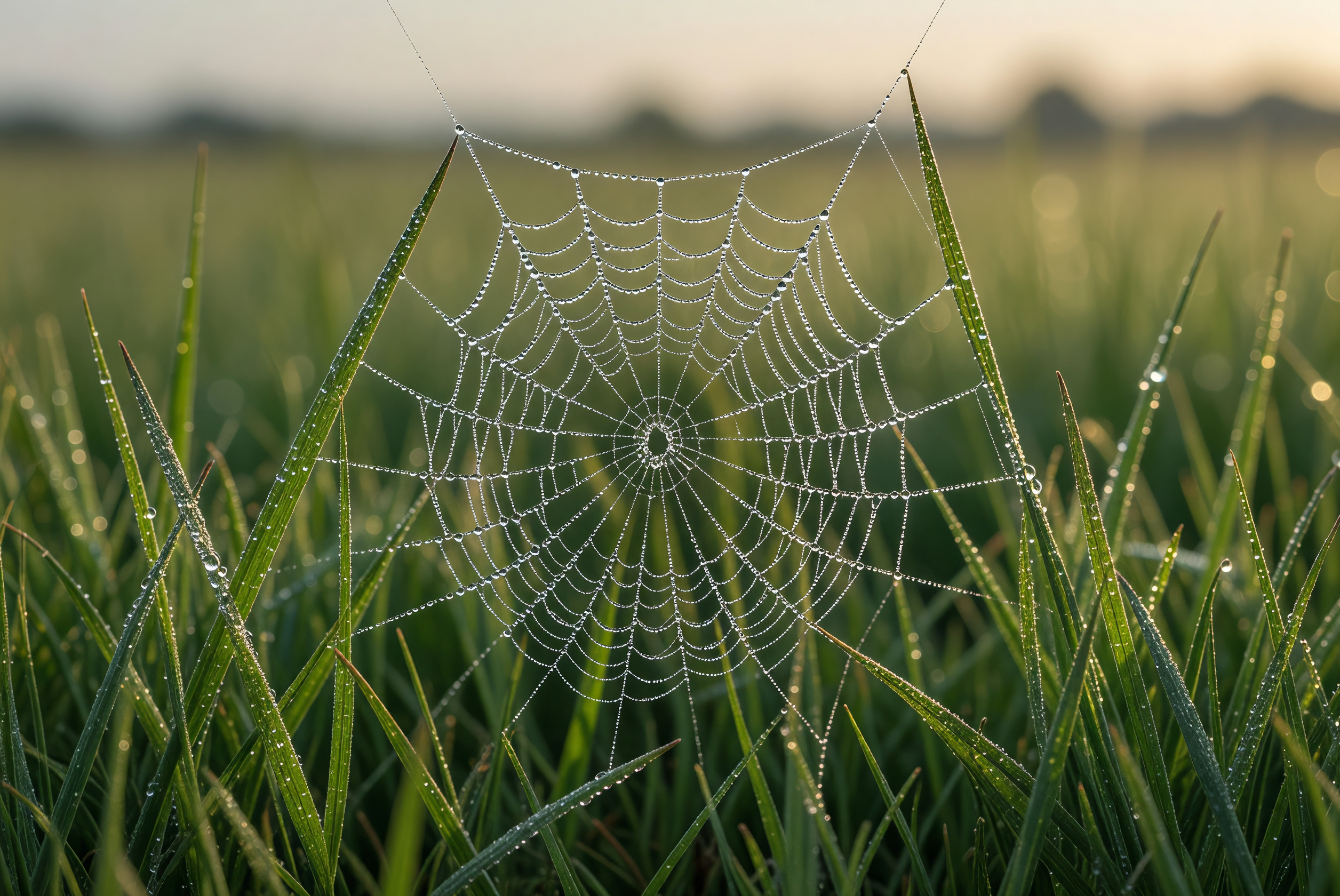 Dew-Covered Spider Web in Morning Grass