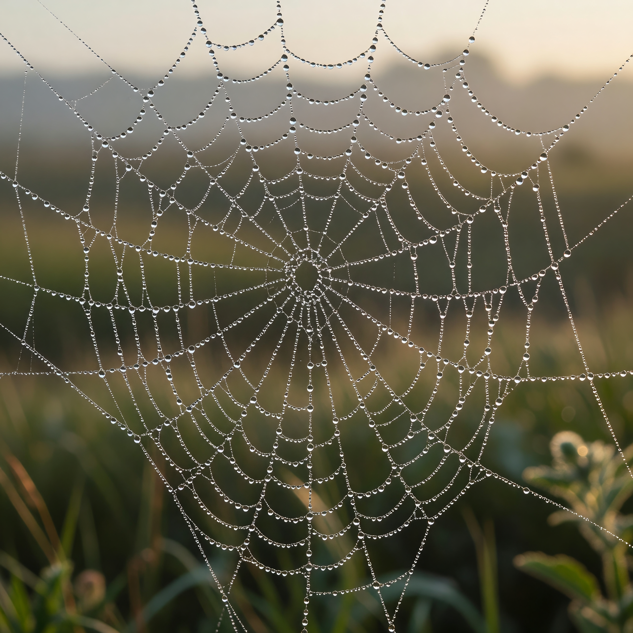 Dew-Covered Spider Web in Morning Light