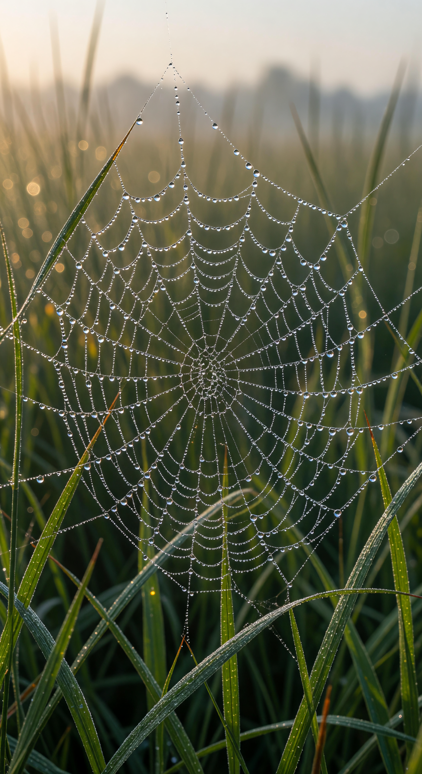 Dew-Covered Spider Web in Morning Light