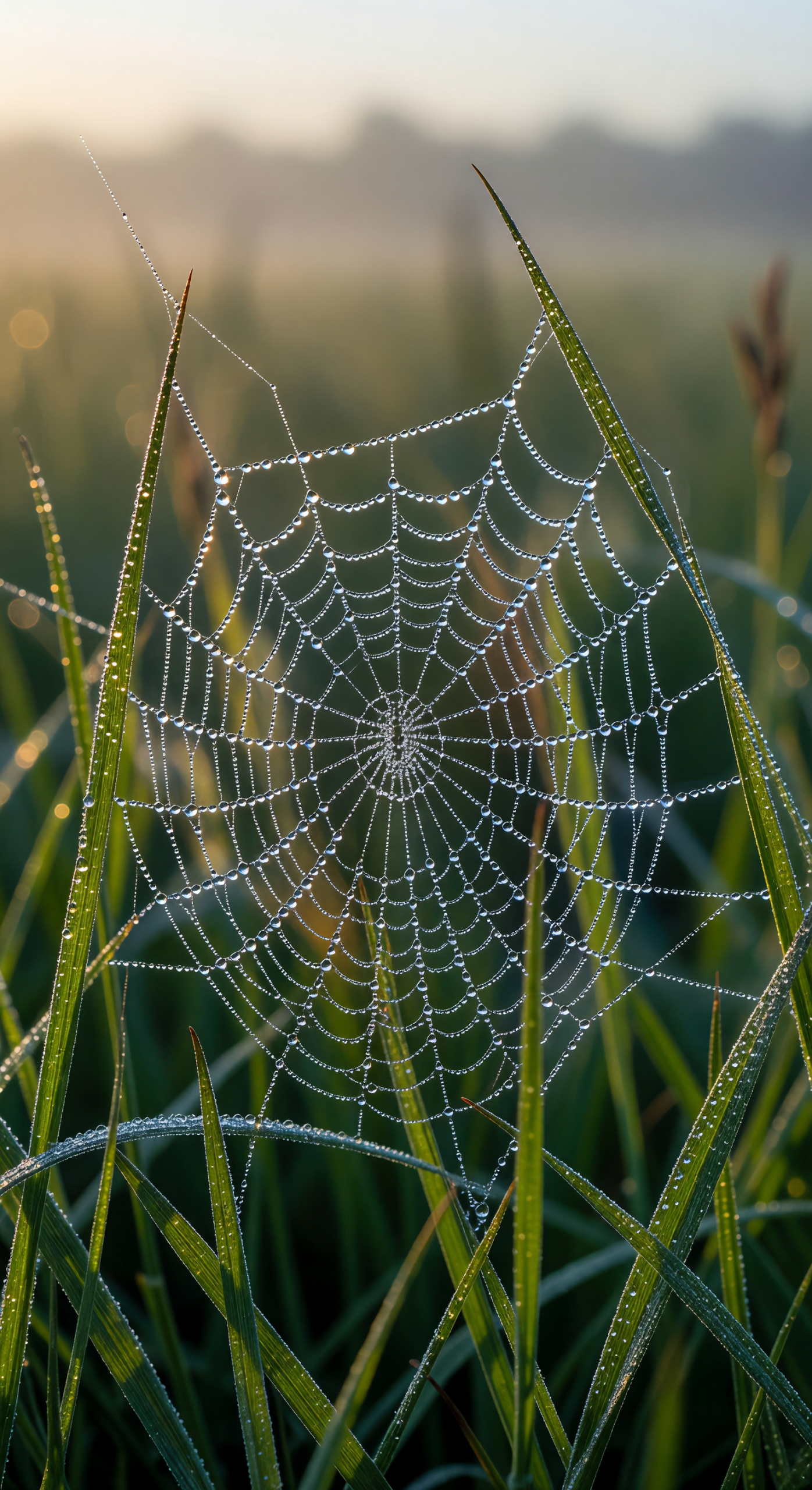 Dew-Covered Spider Web in Morning Light