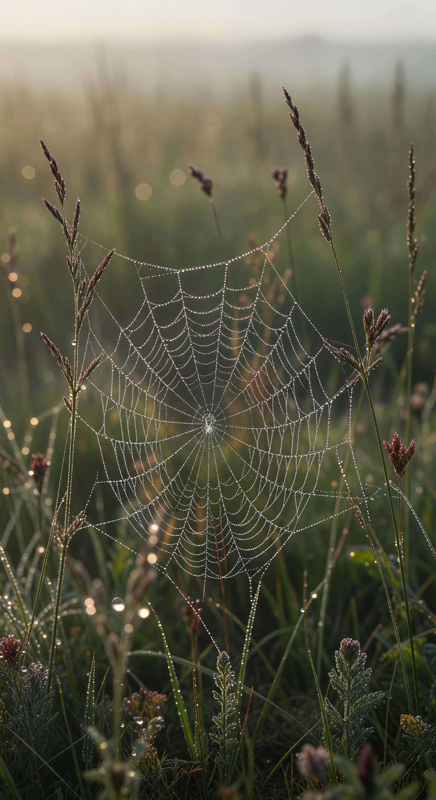 Dew-Kissed Spider Web at Dawn in a Meadow