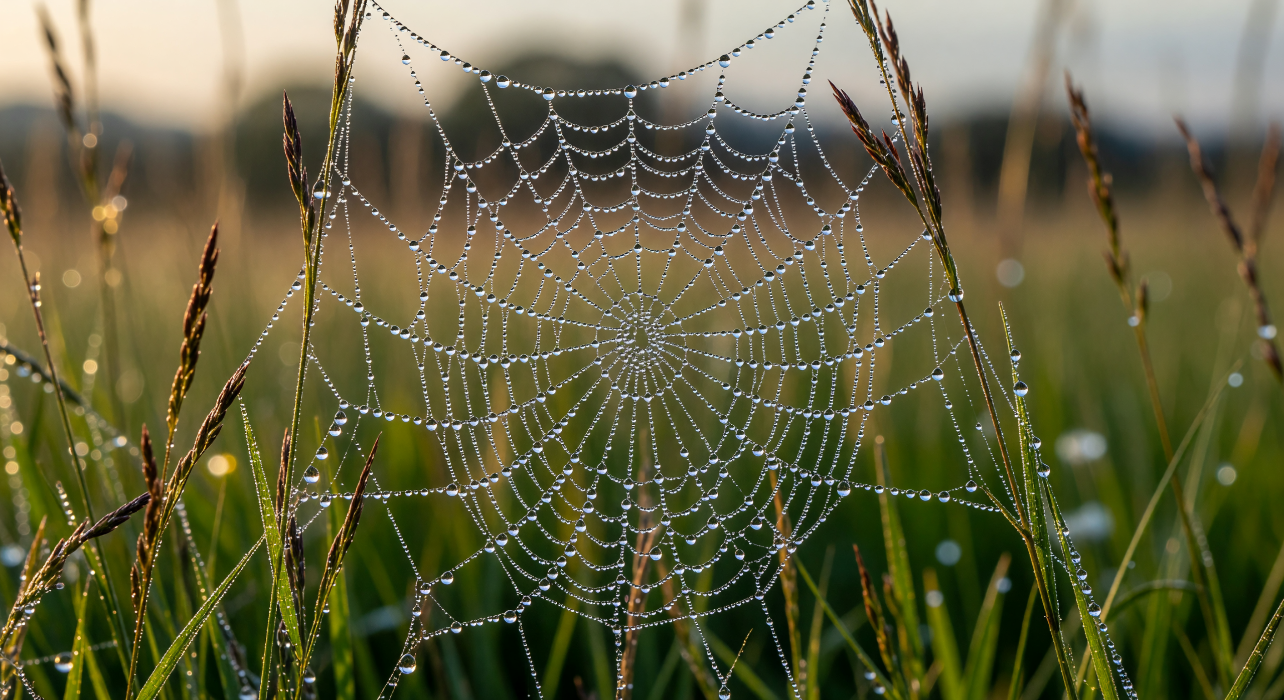 Dew-Kissed Spider Web at Dawn in a Meadow