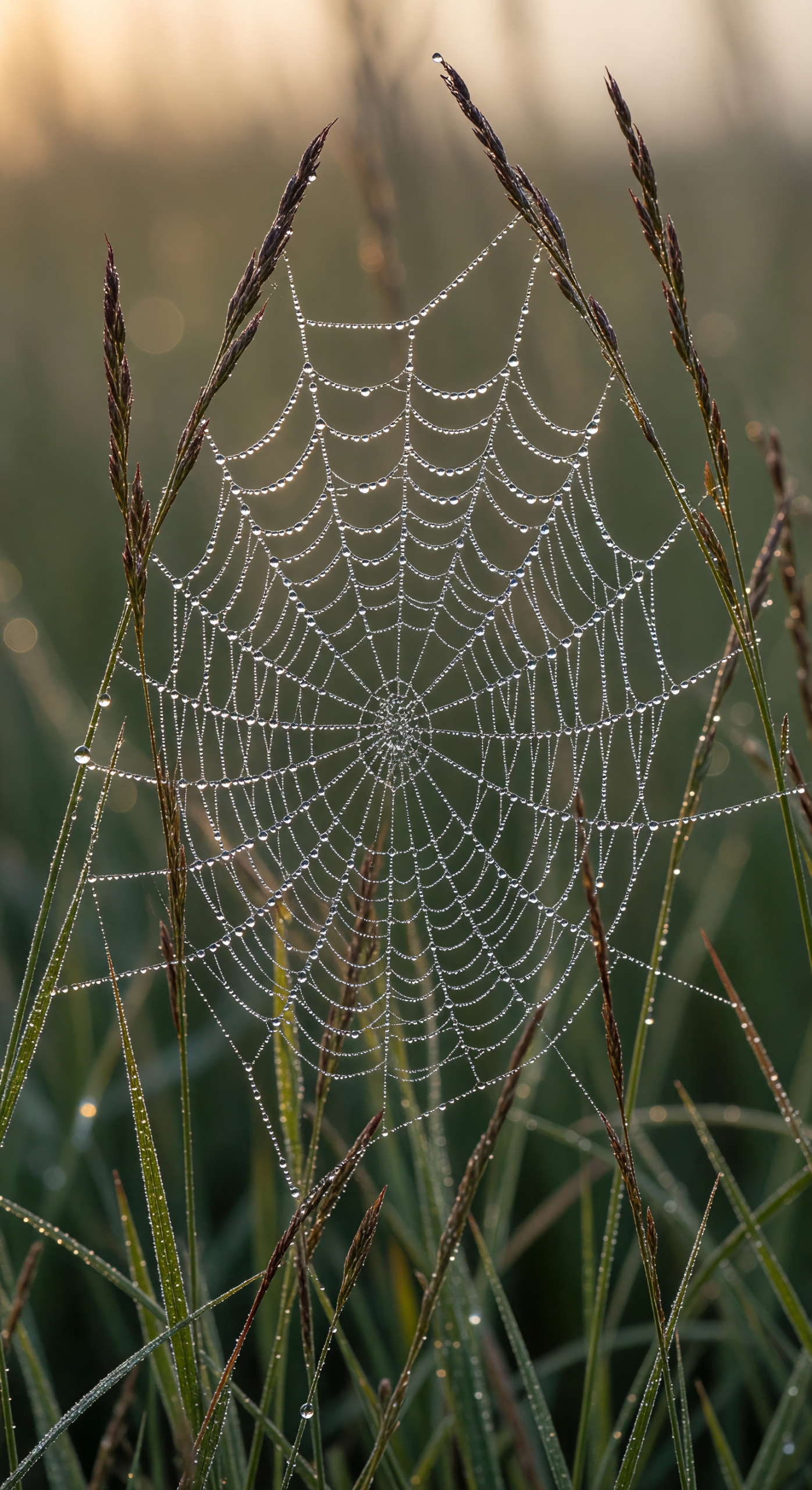 Dew-Kissed Spiderweb at Dawn in a Meadow