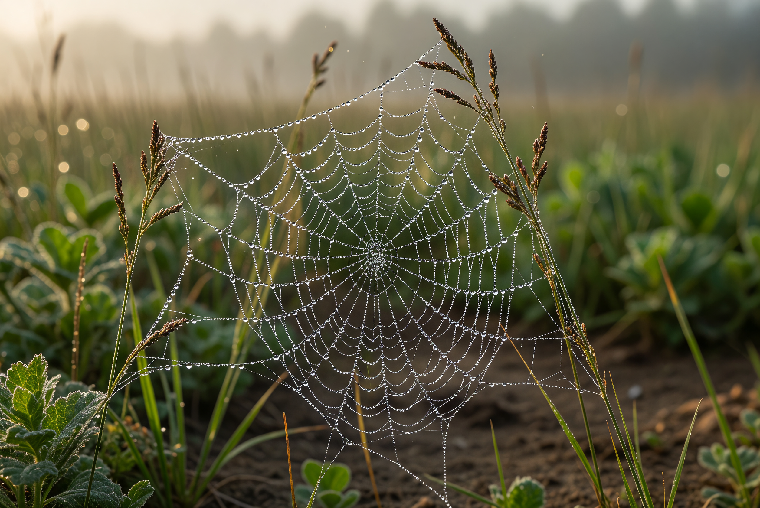 Dew-Kissed Spiderweb in Early Morning Light