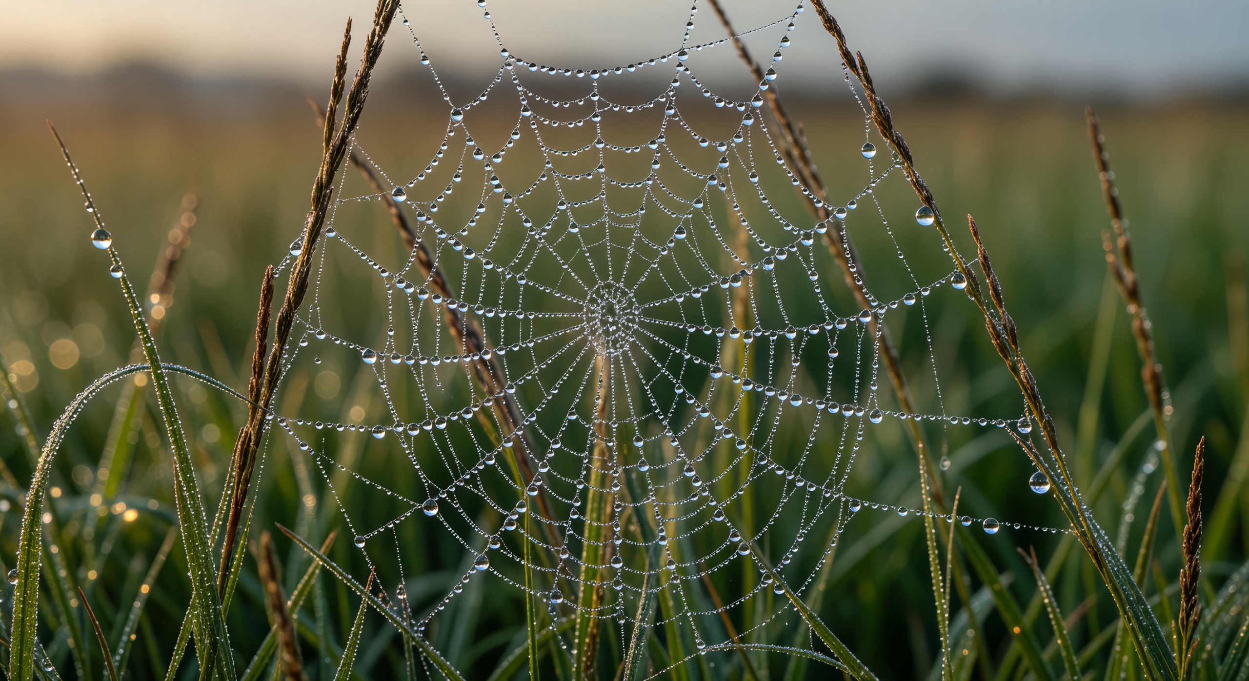 Dew-Kissed Spiderweb in Morning Grass