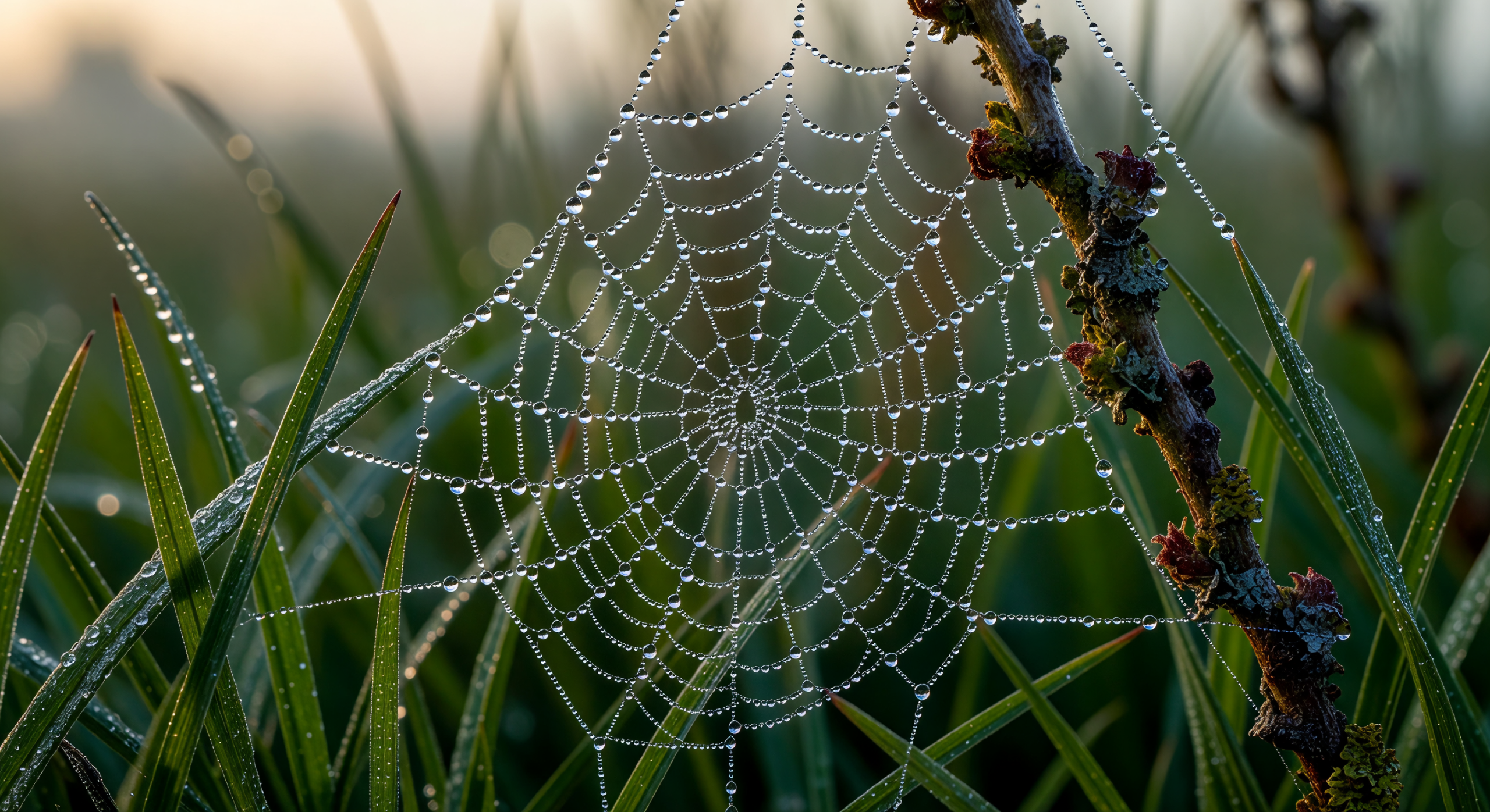 Dewdrops on a Spider Web at Dawn
