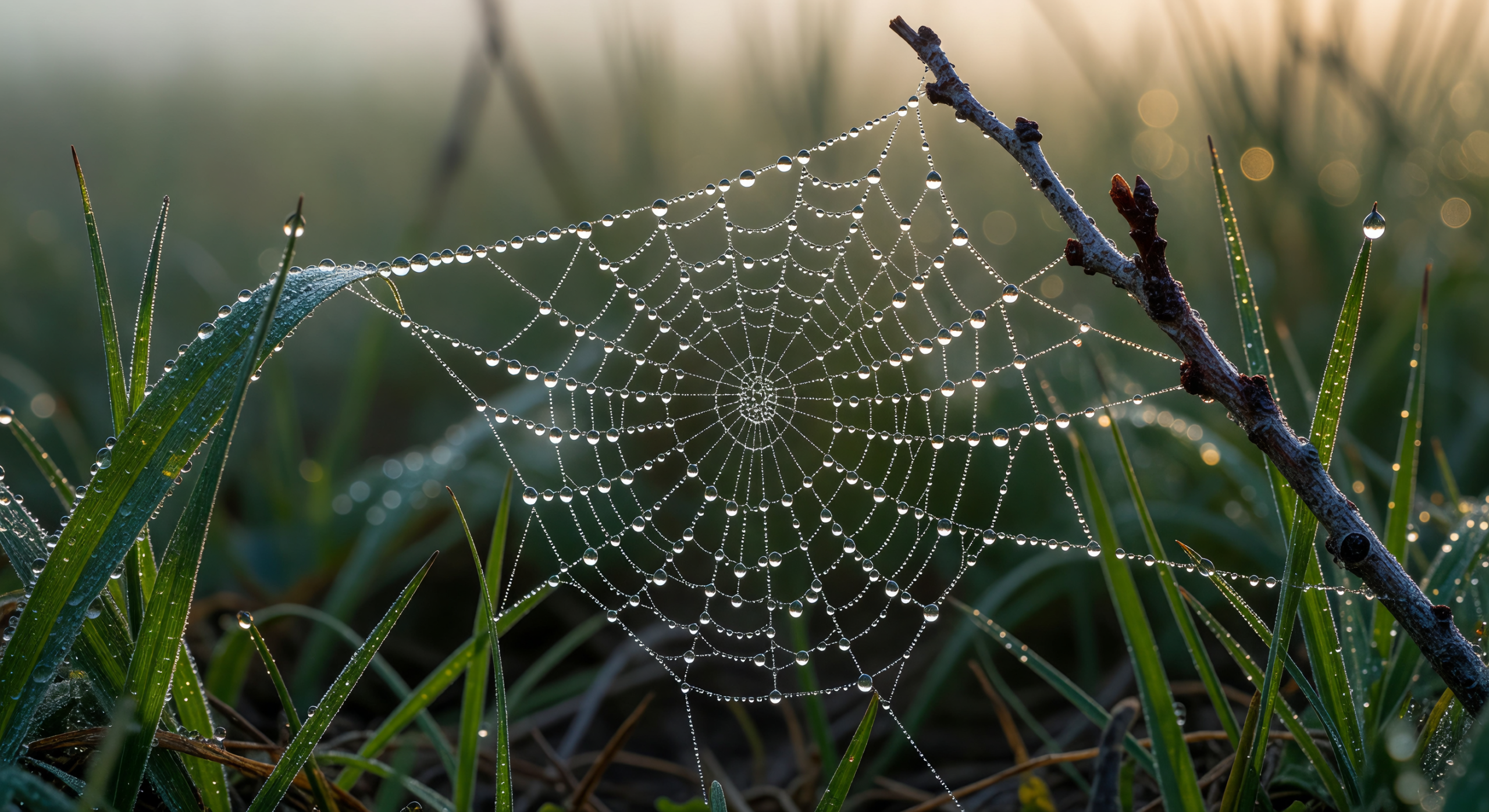 Dewdrops on a Spider Web at Dawn