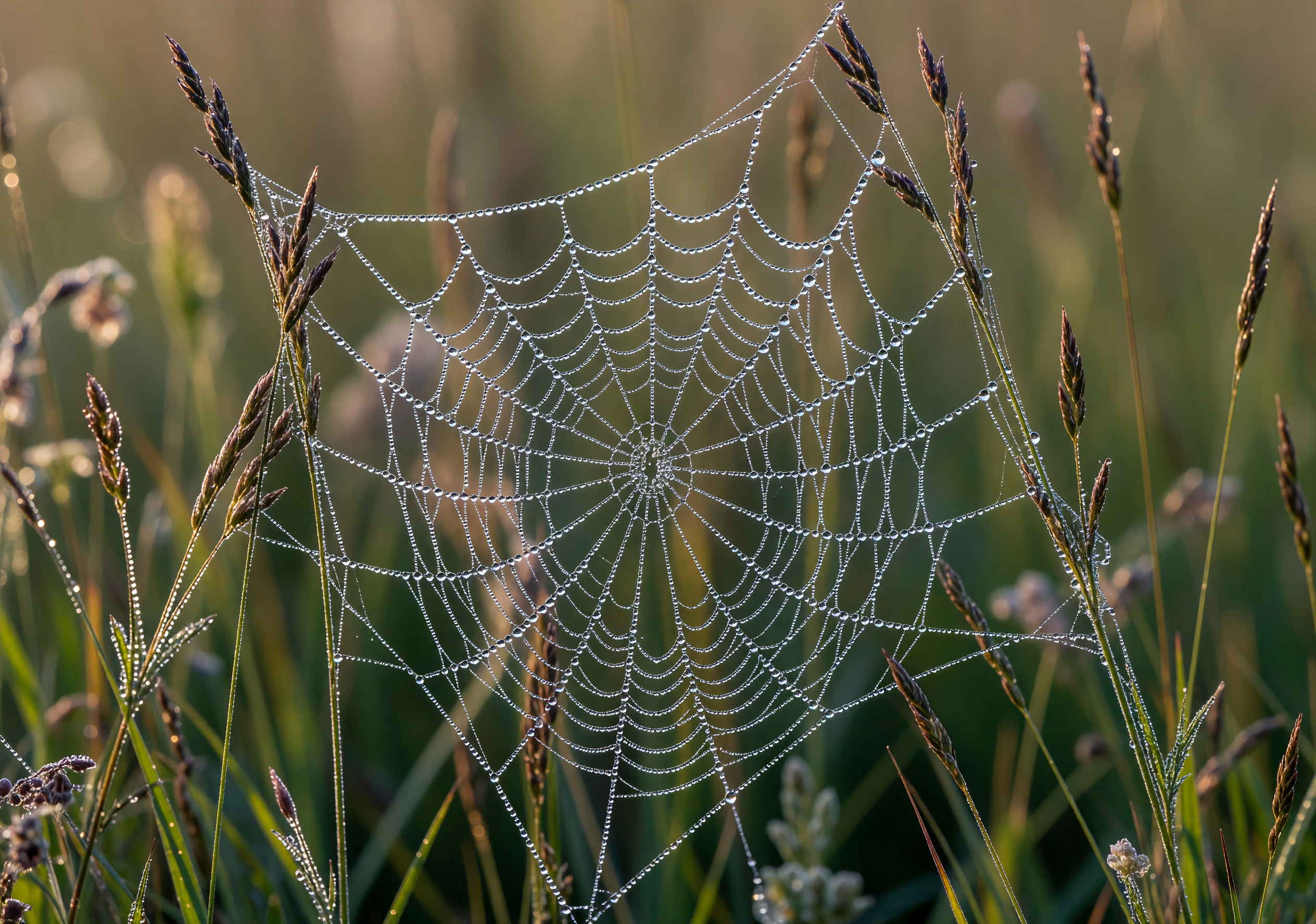 Dewdrops on a Spider Web at Dawn in a Meadow