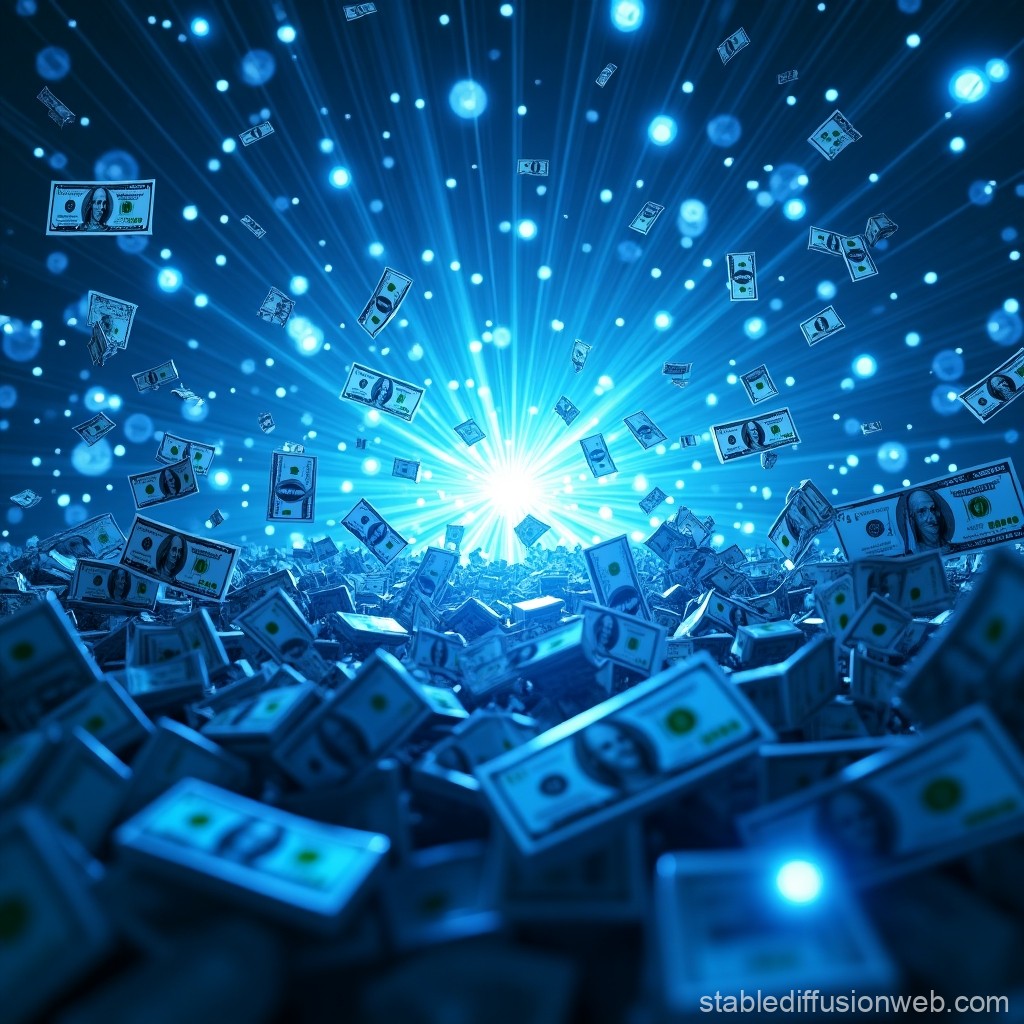Digital Explosion of Flying Money in Blue Light