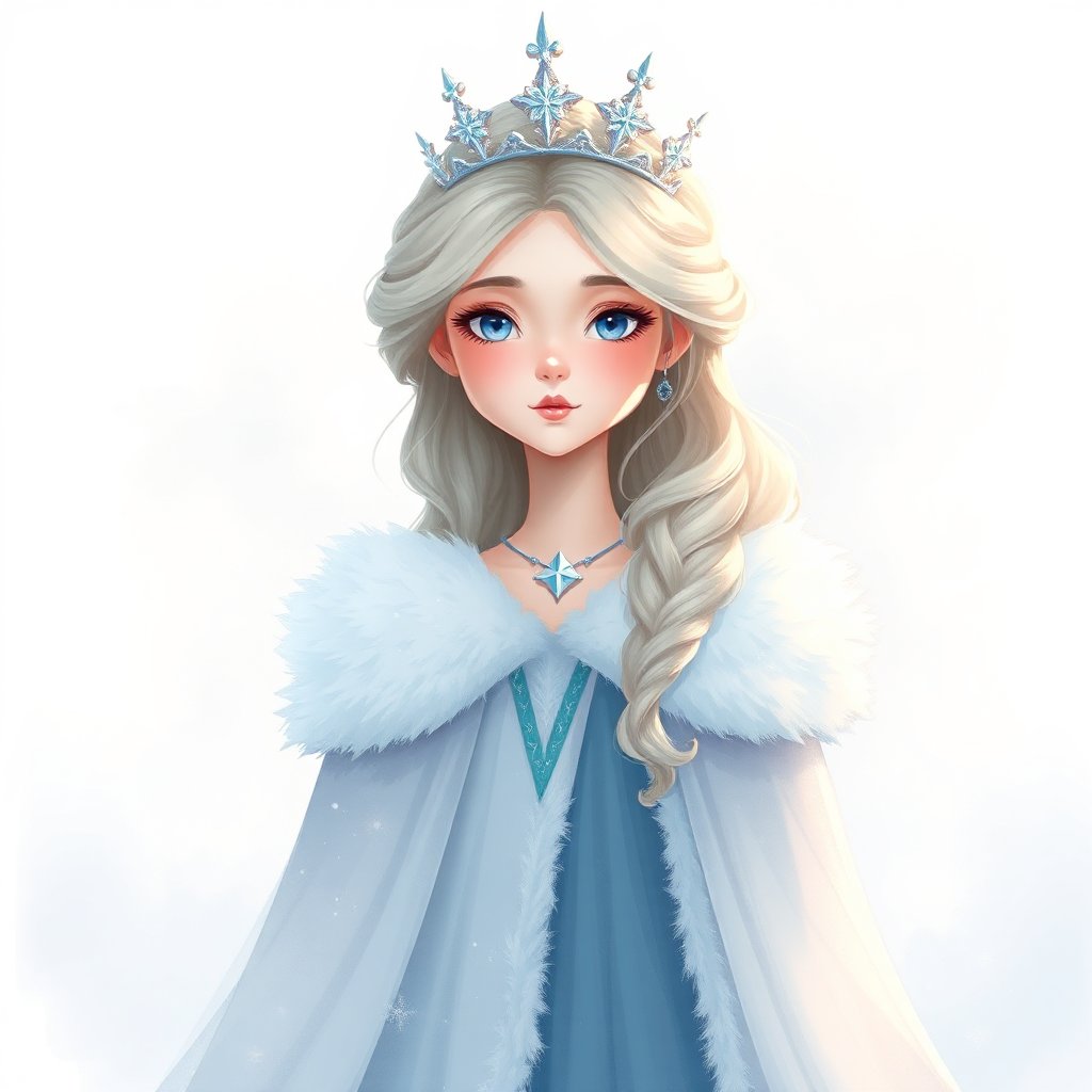Digital Illustration of an Ice Queen with Crown and Fur Cape