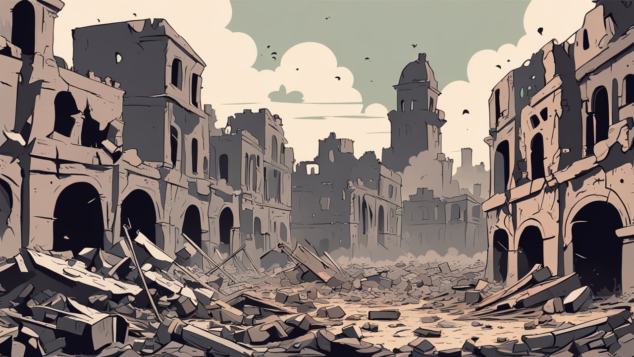 Digital Painting of a Bombed Ruined Cityscape