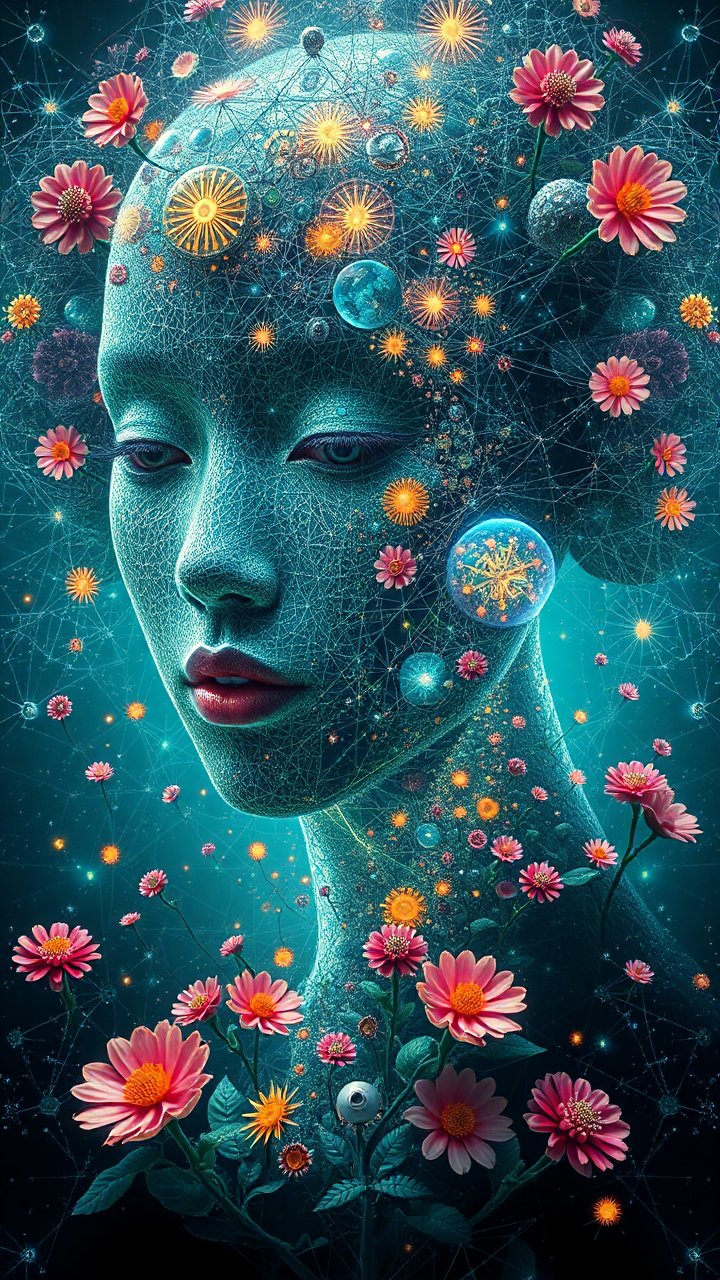Digital Portrait of a Futuristic Woman with Floral and Cosmic Elements