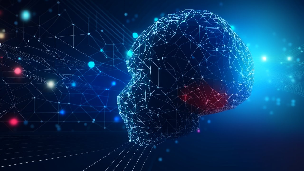 Digital Wireframe Human Head with Neural Network Connections