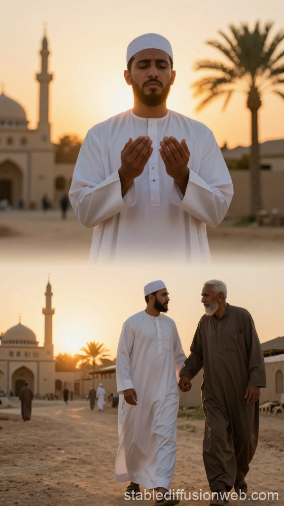 Dignified Muslim Men Praying and Walking at Sunset