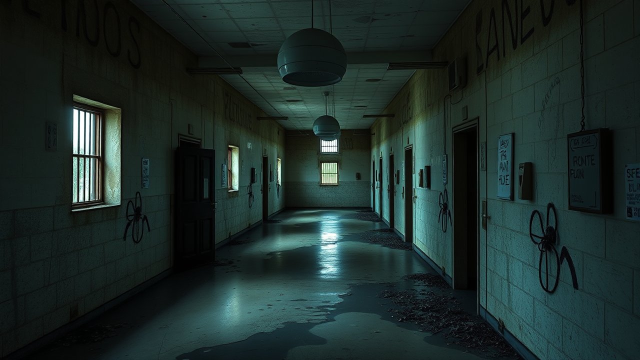 Dimly Lit Abandoned Corridor with Graffiti