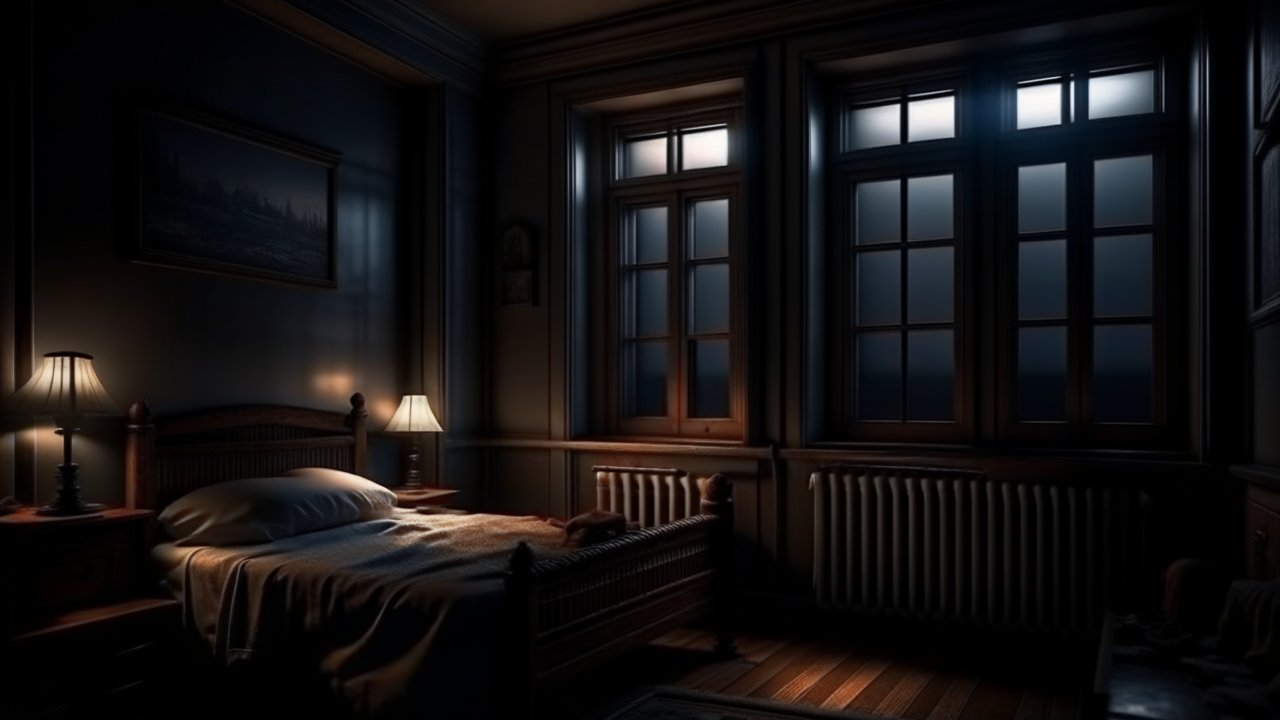 Dimly Lit Bedroom at Night with Moody Atmosphere