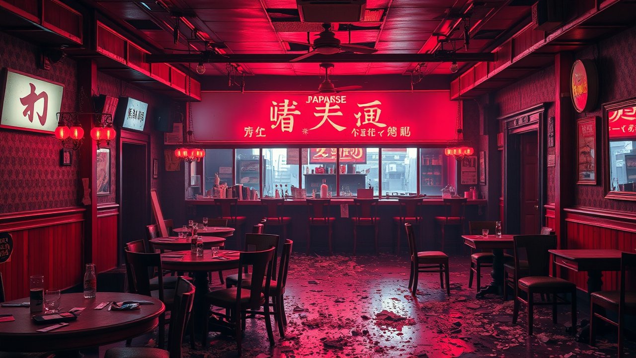 Dimly Lit Japanese Bar with Red Neon Glow