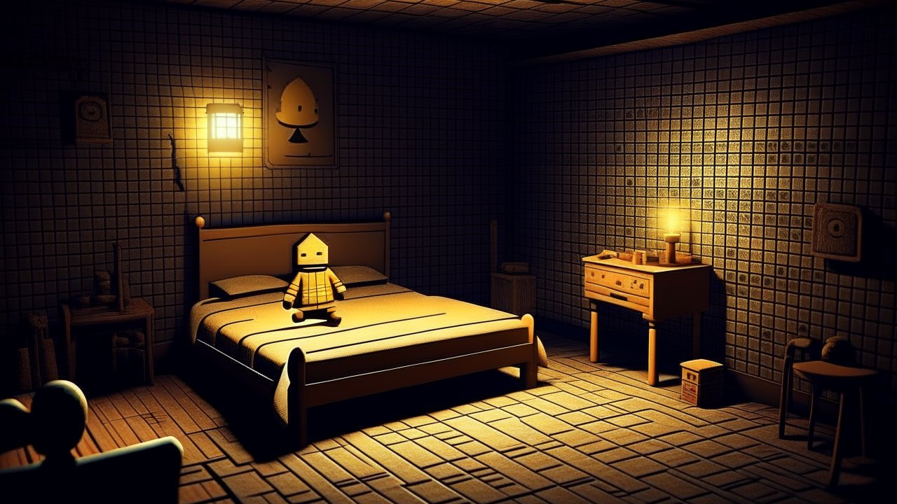 Dimly Lit Room with Toy Figure on Bed in 3D Style