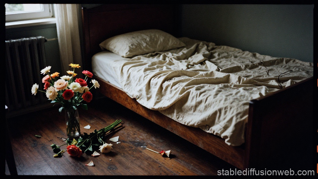 Dimly Lit Room with Unmade Bed and Scattered Flowers