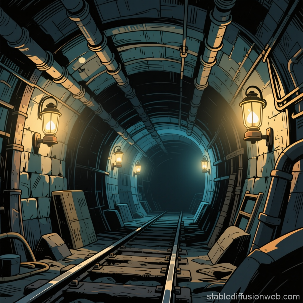 Dimly Lit Underground Tunnel with Lanterns