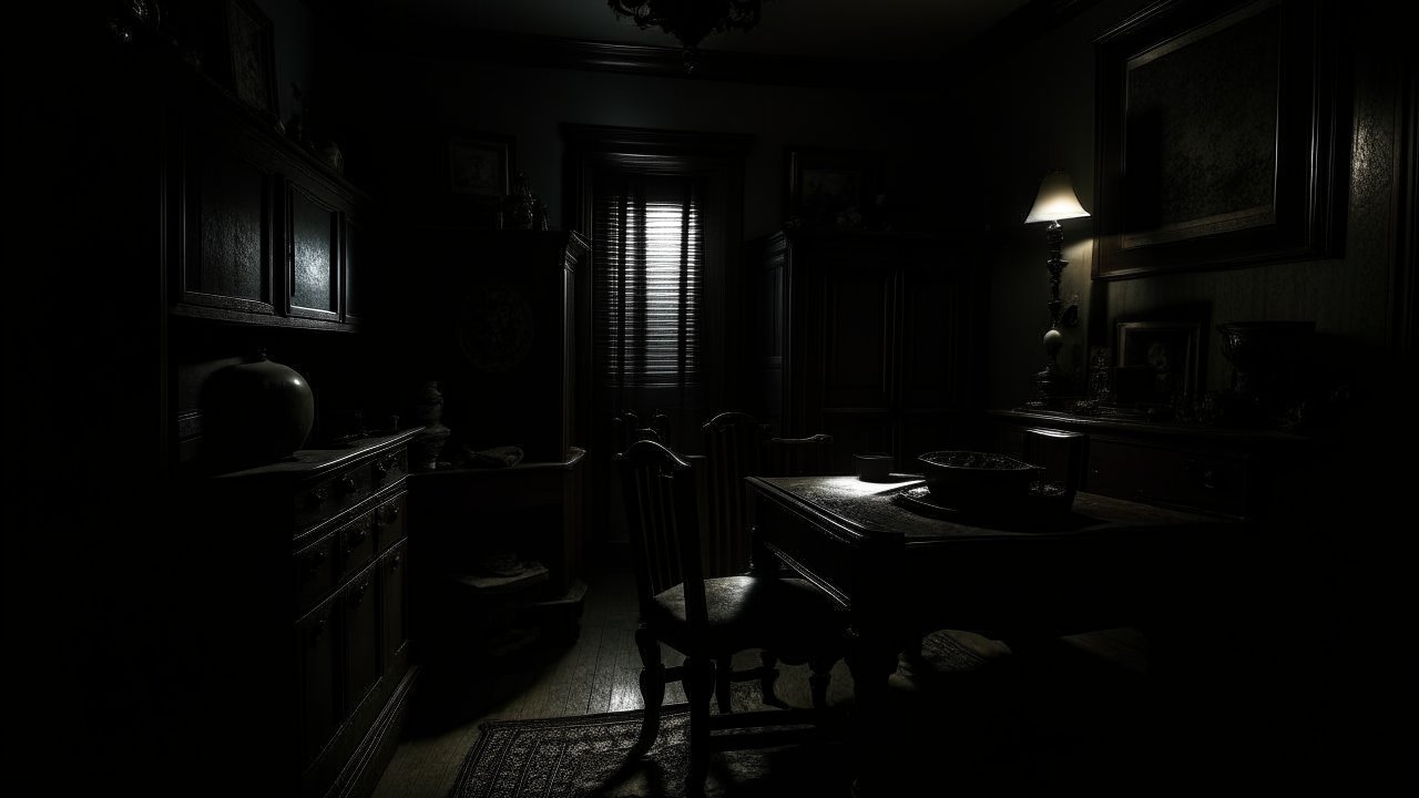 Dimly Lit Vintage Dining Room with Moody Shadows