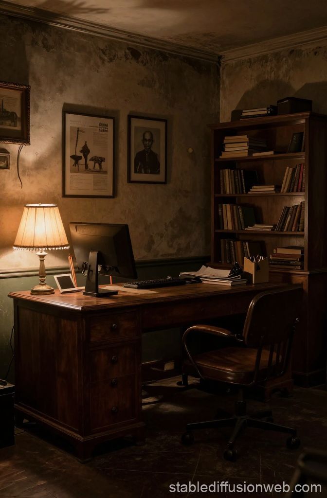 Dimly Lit Vintage Office with Wooden Desk and Bookshelf