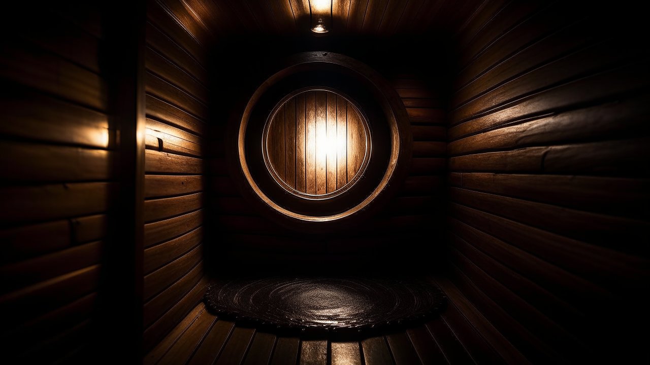 Dimly Lit Wooden Sauna Interior with Circular Window