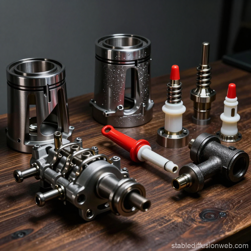 Disassembled Engine Parts on Wooden Surface