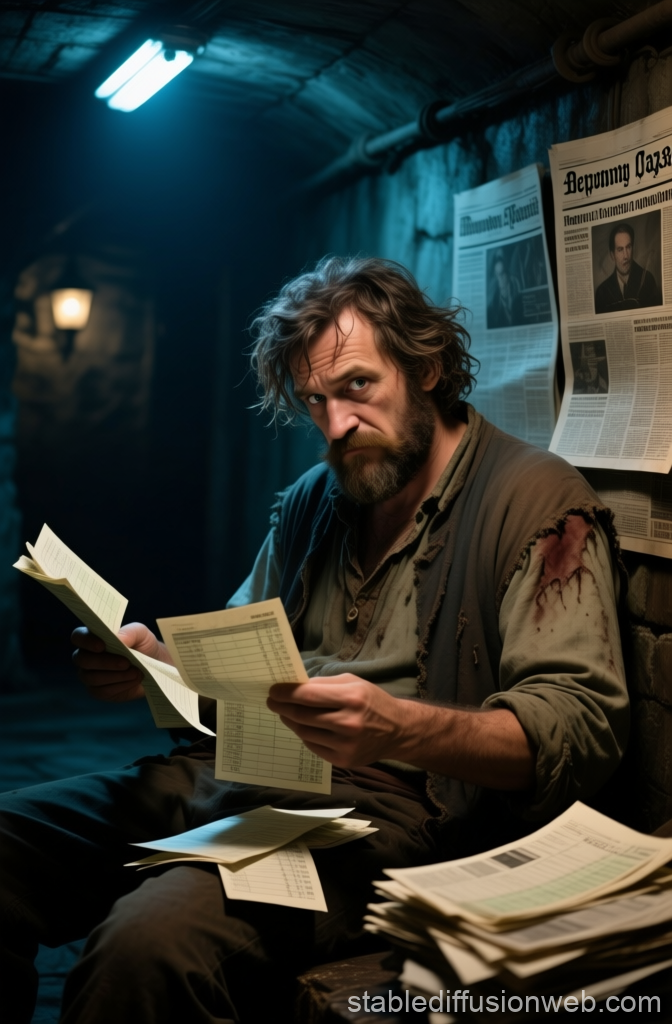 Disheveled Man Reviewing Papers in Dimly Lit Basement