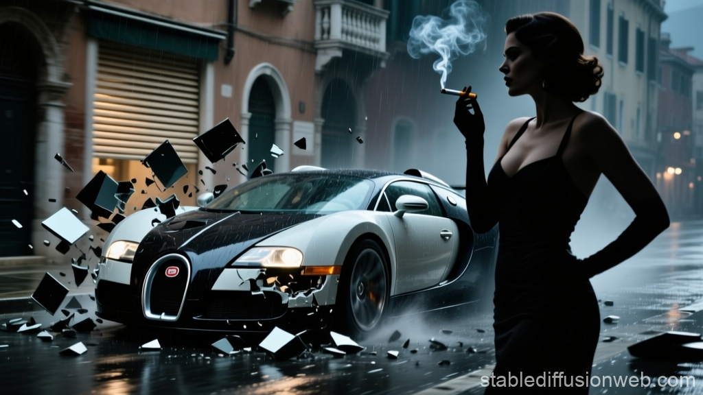 Disintegrating Bugatti Veyron with Woman Smoking in Rainy City