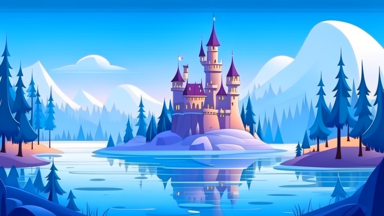 Disney-Style Castle on an Island in a Serene Mountain Lake