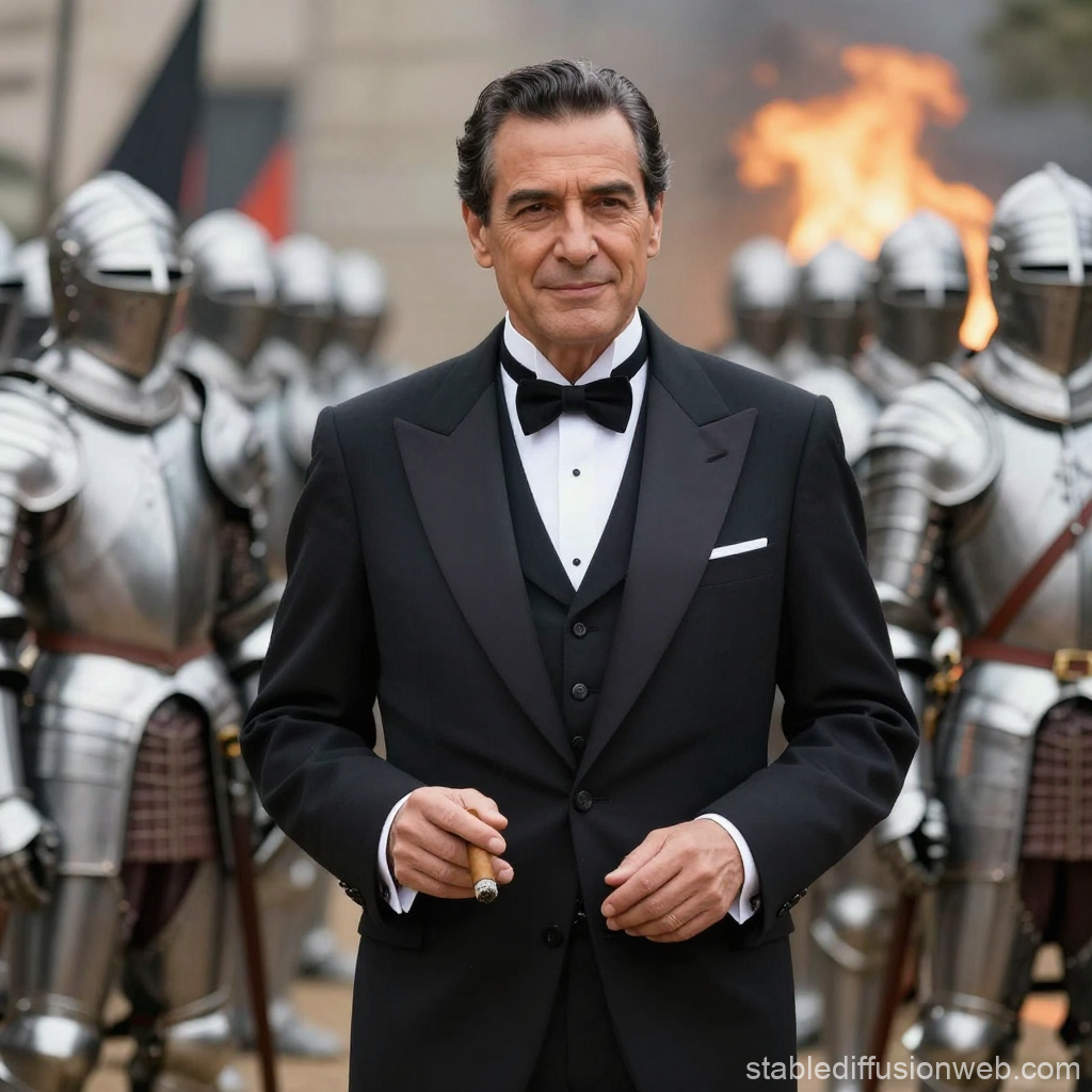 Distinguished Gentleman in Tuxedo Among Armored Knights