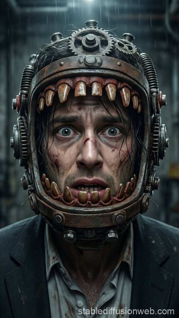 Distressed Man Wearing Mechanical Jaw Helmet