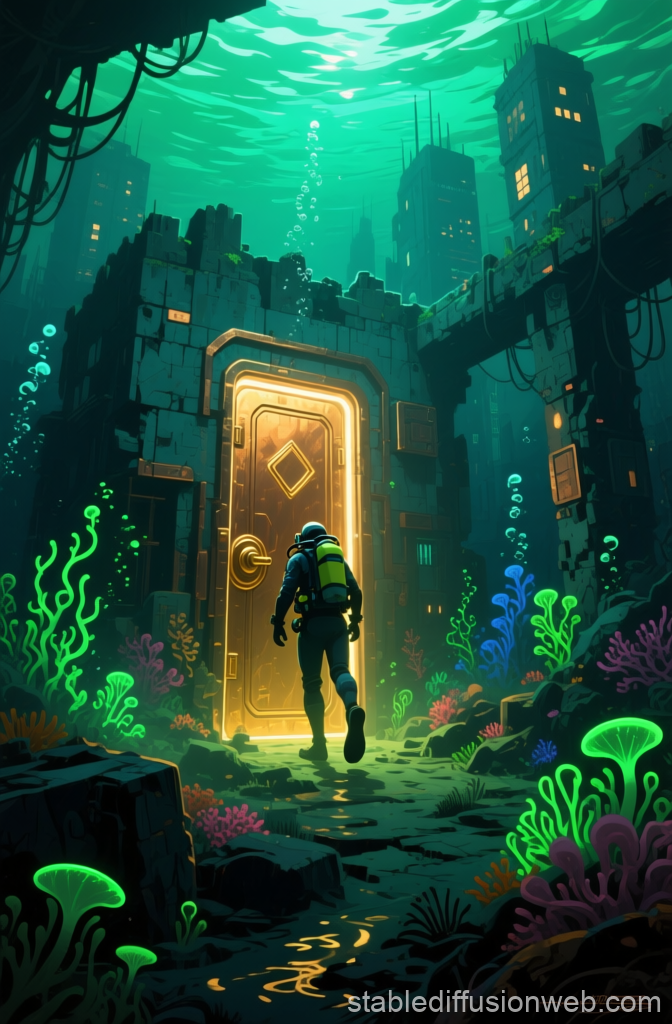 Diver Approaches Glowing Door in Underwater Ruins