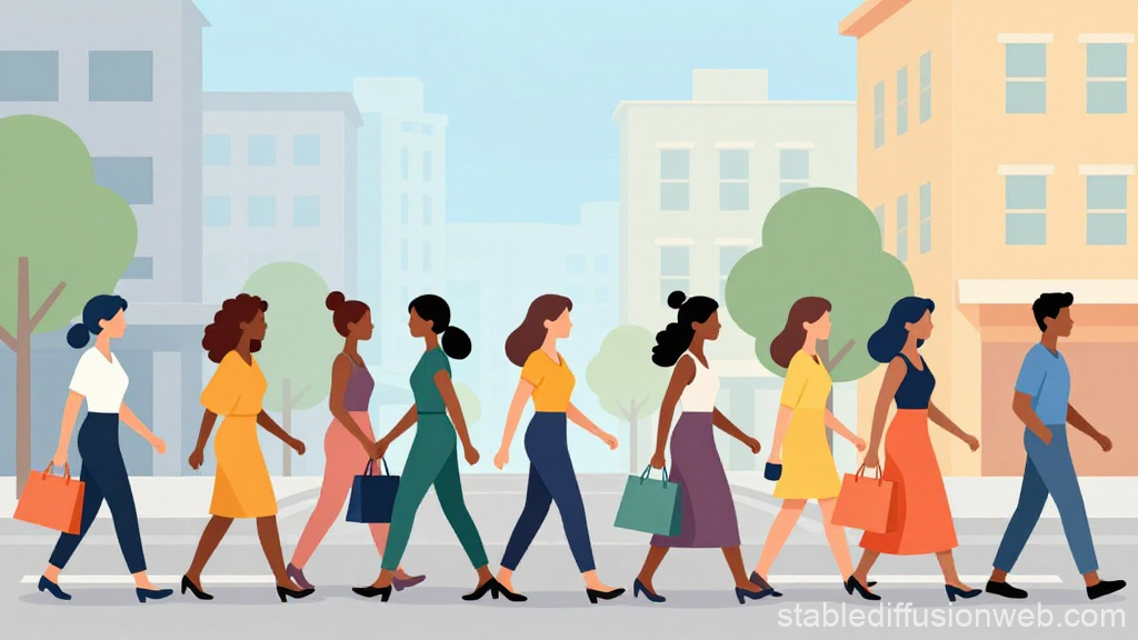 Diverse Group Walking on Busy City Street Illustration