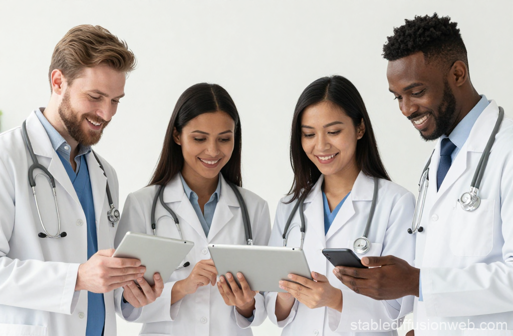 Diverse Medical Team Collaborating with Digital Devices