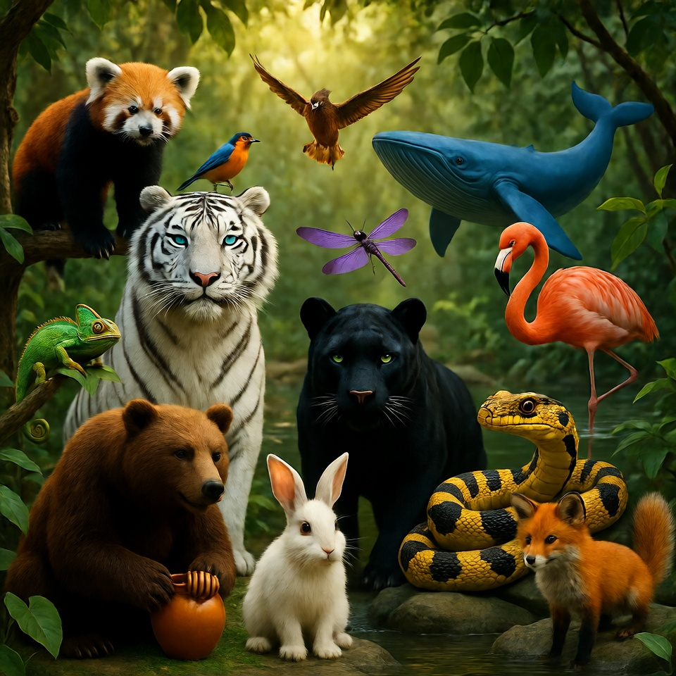 Diverse Wildlife Gathering in a Lush Forest