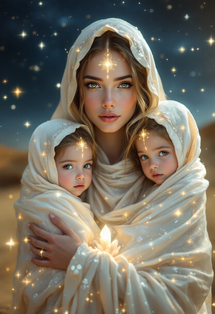 Divine Otherworldly Mother Embracing Two Children