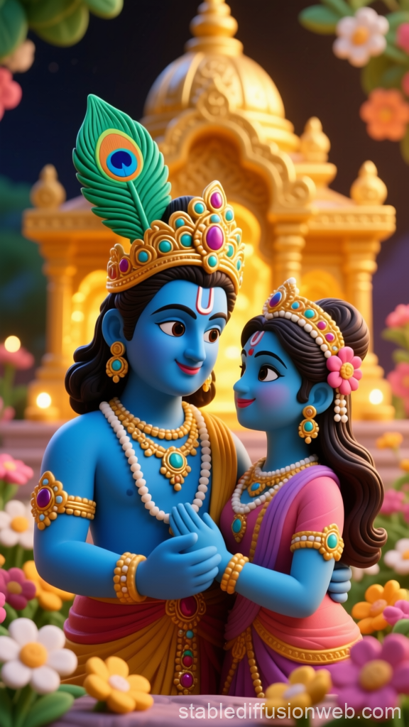 Divine Romantic Krishna and Radha in Vibrant Garden