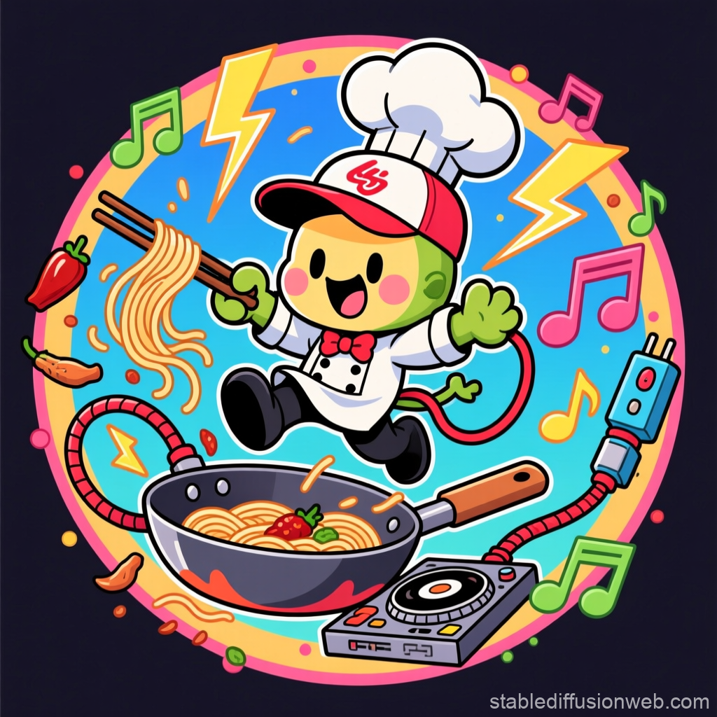 DJ Chef Mascot Cooking Up Fun with Music and Noodles