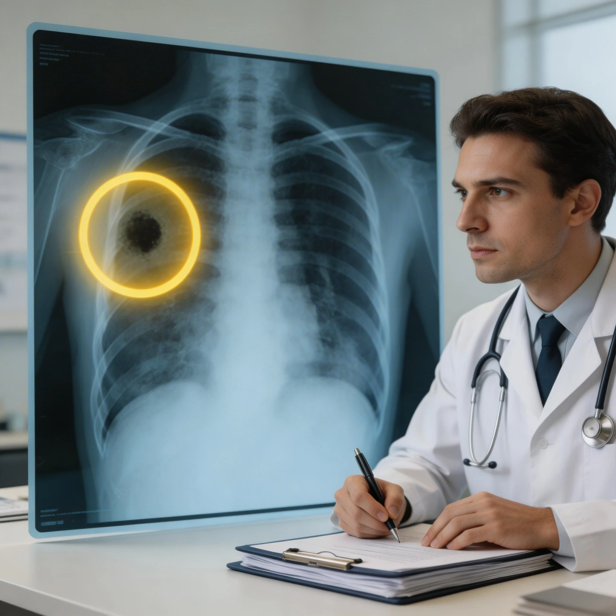 Doctor Analyzing Chest X-Ray with Highlighted Lung Anomaly