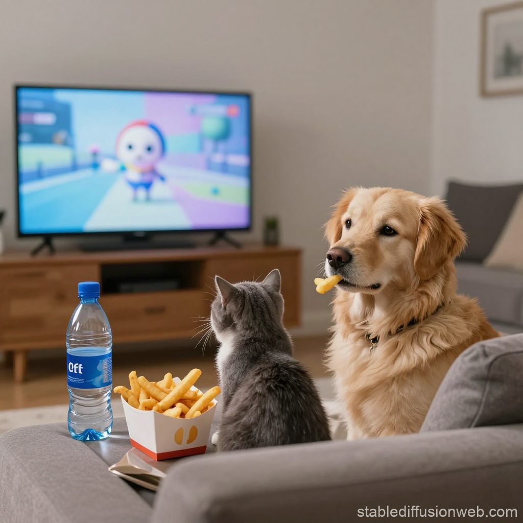 Dog and Cat Watching TV with French Fries