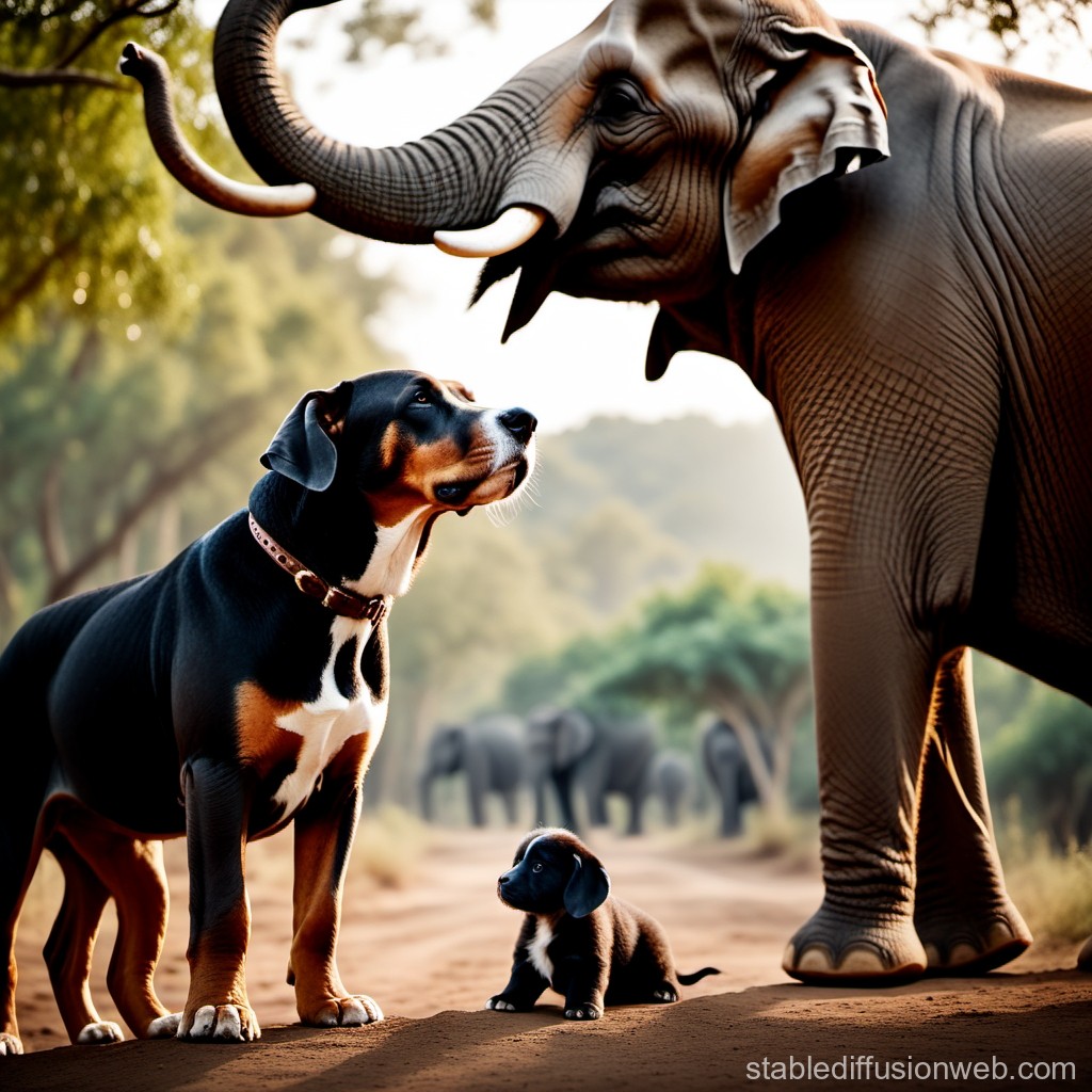 Dog and Elephant Encounter on a Forest Path